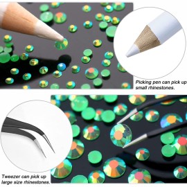 AUREHEN 10000PCs 2-6MM Jelly Deep Green AB Resin Flat Back Rhinestones, Round Non Hotfix Resin Rhinestones Nail Gems Stones with Tweezer & Picker Pen for Tumblers Nail Art & DIY Decoration