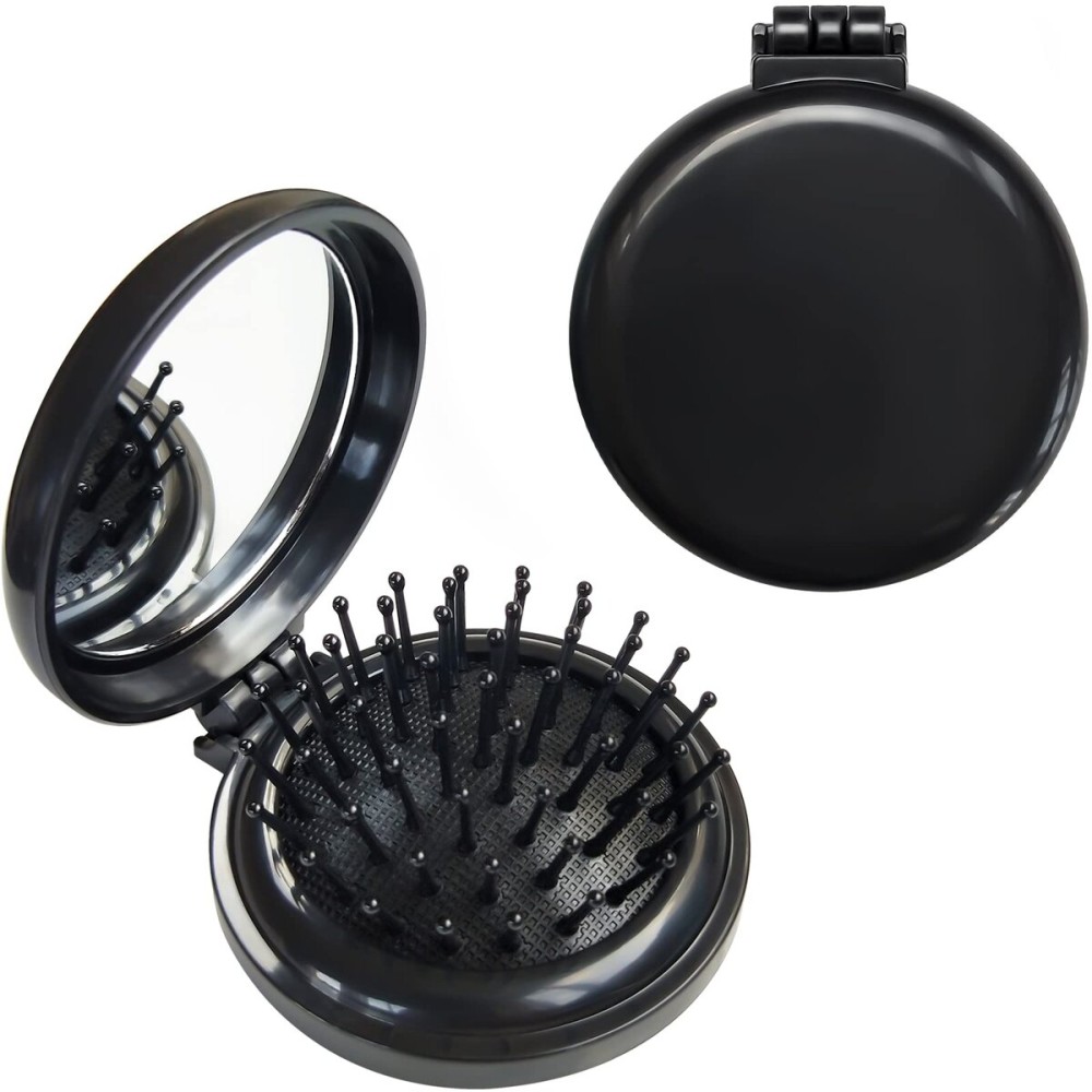 Folding Hair Brush with Mirror,Round Mini Compact Massage Comb for Purse/Pocket,Travel Size for Girls and Women - Black