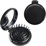 Folding Hair Brush with Mirror,Round Mini Compact Massage Comb for Purse/Pocket,Travel Size for Girls and Women - Black