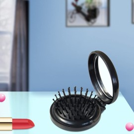 Folding Hair Brush with Mirror,Round Mini Compact Massage Comb for Purse/Pocket,Travel Size for Girls and Women - Black