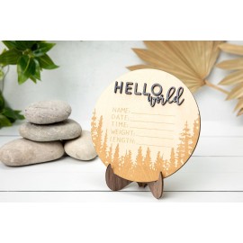 Hello World Newborn Baby Announcement | Mountains and Forest | Photo Prop | Name Measurements Hospital Birth Pregnancy Baby Gift