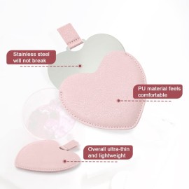 Compact Stainless Steel Mirror, Heart Shaped Shatterproof Pocket Mirror with PU Leather Sleeve, Mini Unbreakable Purse Mirror Portable for Travel Makeup Bag, for Women Girls, Pink