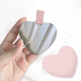 Compact Stainless Steel Mirror, Heart Shaped Shatterproof Pocket Mirror with PU Leather Sleeve, Mini Unbreakable Purse Mirror Portable for Travel Makeup Bag, for Women Girls, Pink