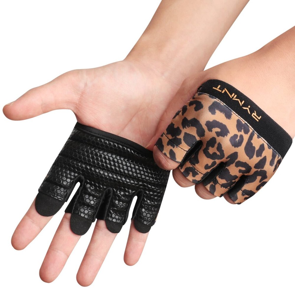 RYMNT Minimal Workout Gloves,Short Micro Weight Lifting Gloves Grip Pads with Full Palm Protection & Extra Grip for Men Women Weightlifting,Gym,Cross Training,Powerlifting,WODs.Leopard-Small