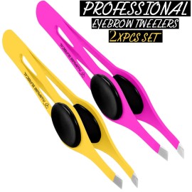 Professional Eyebrow Tweezers Slanted Tip Stainless Steel 2,3xPcs Set, Non-Slip Grip Slant Tip Tweezers for Facial Hair, Plucking Removing Ingrown Hairs, Tweezer for Women Men (Yellow&Pink)