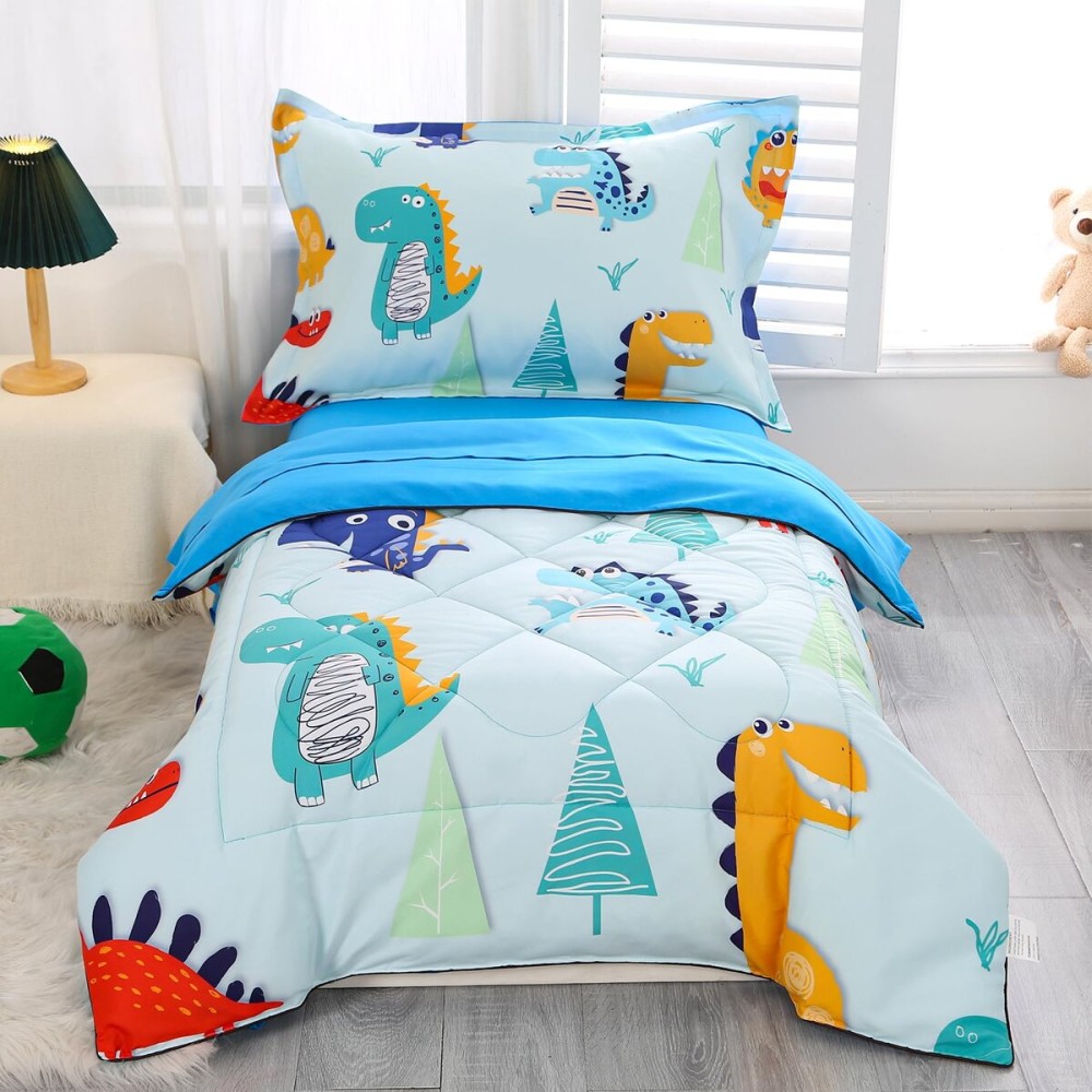 Wowelife Dinosaur Toddler Bedding Sets for Boys, 4 Pieces Toddler Bed Sheets Sets Kids Dino Comforter Set with Comforter, Flat Sheet, Fitted Sheet and Pillowcase, Blue Dinosaur