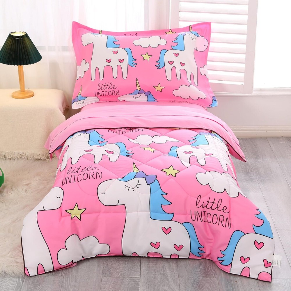 Wowelife Toddler Bedding Sets for Girls, 4 Piece Unicorn Pink Toddler Bed Set Comforter Set with Comforter, Flat Sheet, Fitted Sheet and Pillowcase, Pink