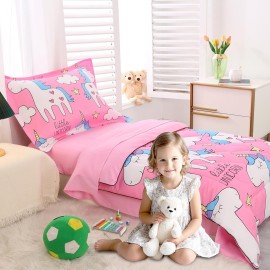 Wowelife Toddler Bedding Sets for Girls, 4 Piece Unicorn Pink Toddler Bed Set Comforter Set with Comforter, Flat Sheet, Fitted Sheet and Pillowcase, Pink