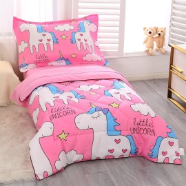 Wowelife Toddler Bedding Sets for Girls, 4 Piece Unicorn Pink Toddler Bed Set Comforter Set with Comforter, Flat Sheet, Fitted Sheet and Pillowcase, Pink