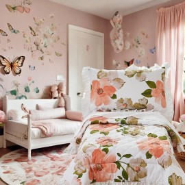 Brandream Sunny Floral Toddler Bedding Set for Girls Bed in A Bag 4 Pcs Farmhouse Comforter Sheet Set, Best Breathable Cotton, Watercolor Flowers Leave Peach Yellow Green White