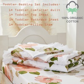 Brandream Sunny Floral Toddler Bedding Set for Girls Bed in A Bag 4 Pcs Farmhouse Comforter Sheet Set, Best Breathable Cotton, Watercolor Flowers Leave Peach Yellow Green White