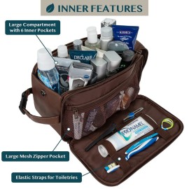 PAVILIA Toiletry Bag for Men, Travel Essentials Shaving Dopp Kit, Mens Travel Bag Toiletries Organizer Case for Grooming, PU Leather Water Resistant Cosmetic Bag Pouch (XL, Dark Brown)