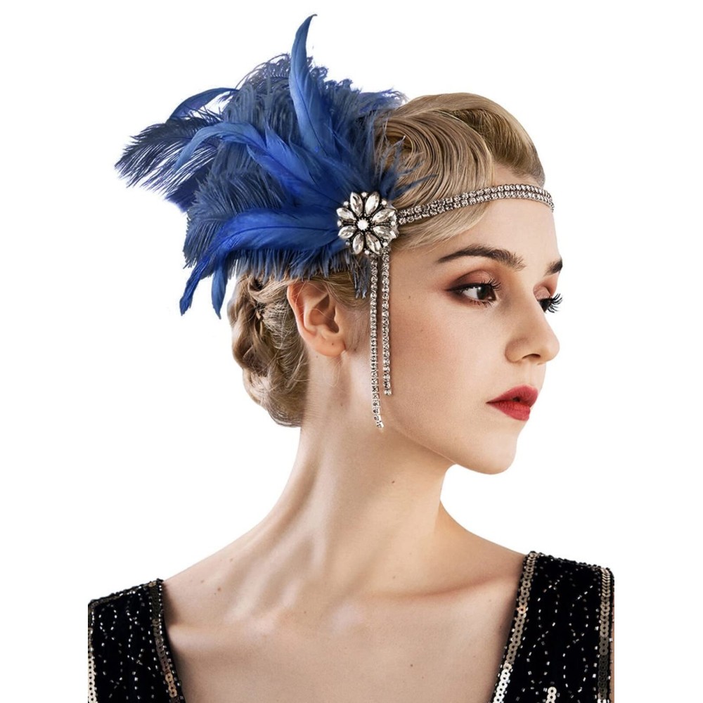 SWEETV 1920s Headpiece Flapper Headband, Rhinestone Pearl Feather Hair Band Great Gatsby Headpiece Accessoreis for Women,Dark Blue