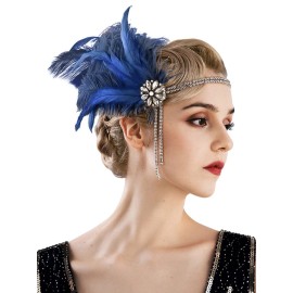 SWEETV 1920s Headpiece Flapper Headband, Rhinestone Pearl Feather Hair Band Great Gatsby Headpiece Accessoreis for Women,Dark Blue