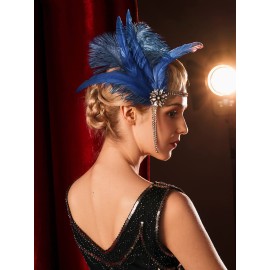 SWEETV 1920s Headpiece Flapper Headband, Rhinestone Pearl Feather Hair Band Great Gatsby Headpiece Accessoreis for Women,Dark Blue