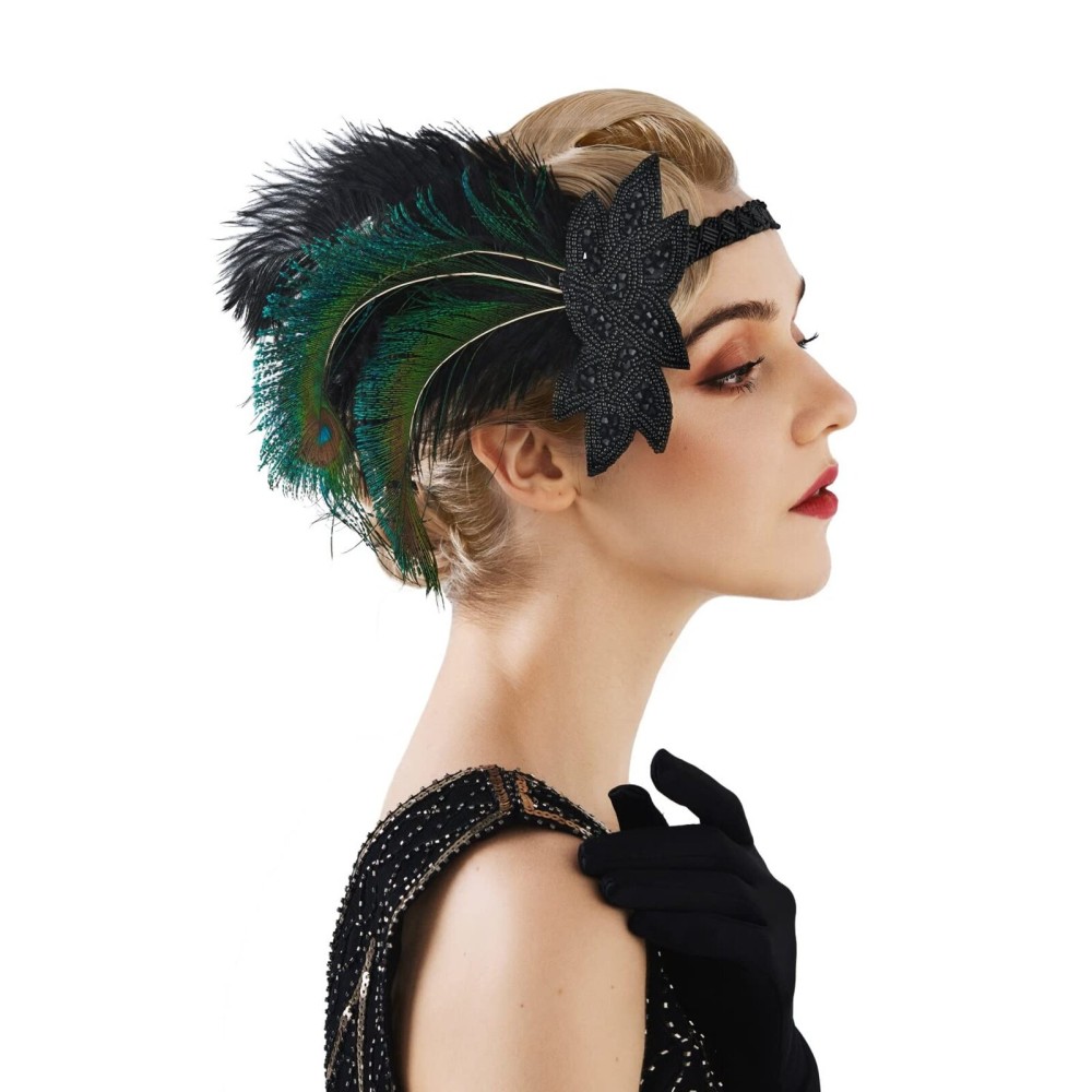 SWEETV 1920s Flapper Feather Headband, 20s Sequined Showgirl Headpiece, Gatsby Hair Accessories for Women (0.1 Black)