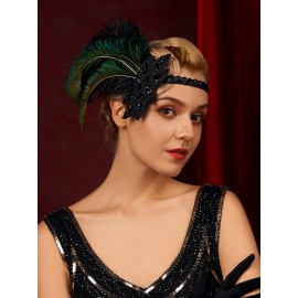 SWEETV 1920s Flapper Feather Headband, 20s Sequined Showgirl Headpiece, Gatsby Hair Accessories for Women (0.1 Black)