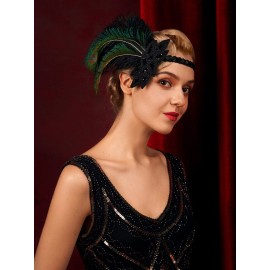 SWEETV 1920s Flapper Feather Headband, 20s Sequined Showgirl Headpiece, Gatsby Hair Accessories for Women (0.1 Black)