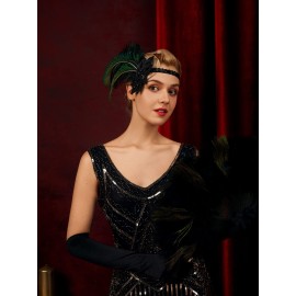 SWEETV 1920s Flapper Feather Headband, 20s Sequined Showgirl Headpiece, Gatsby Hair Accessories for Women (0.1 Black)