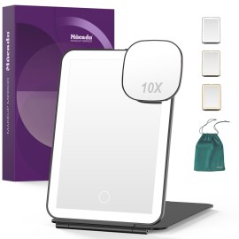 LED Foldable Travel Makeup Mirror - 5x7 inches 3 Colors Light Modes USB Rechargeable Touch Screen, Portable Tabletop Cosmetic Mirror for Travel, Cosmetic, Office (Black)