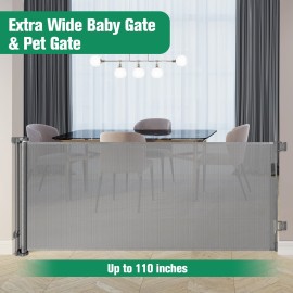 110 Inch Retractable Baby Gates Extra Wide Baby Gate for Large Openings Indoor Outdoor Retractable Dog Gate for Stairs Extra Long Dog Gate Large Retractable Pet Gate Child Gates for Doorways