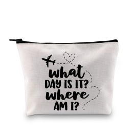 G2TUP Flight Attendant Gift What Day Is It Where Am I Makeup Bag Stewardess Aviation Cosmetic Bag Travel Bag for Stewardess Flight Crew (What Day Is It Where Am I White Bag)
