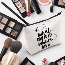 G2TUP Flight Attendant Gift What Day Is It Where Am I Makeup Bag Stewardess Aviation Cosmetic Bag Travel Bag for Stewardess Flight Crew (What Day Is It Where Am I White Bag)