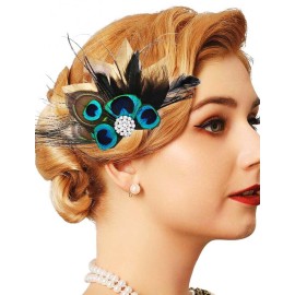 GENBREE 1920s Feather Hair Piece Peacock Hair Clip Crystal Cocktail Hair Accessories for Women and Girls (Pattern 1)