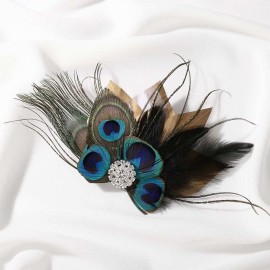 GENBREE 1920s Feather Hair Piece Peacock Hair Clip Crystal Cocktail Hair Accessories for Women and Girls (Pattern 1)