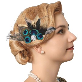 GENBREE 1920s Feather Hair Piece Peacock Hair Clip Crystal Cocktail Hair Accessories for Women and Girls (Pattern 1)