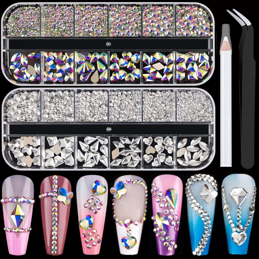 Flat Back Multi-shaped And Round Glass Nail Art Rhinestones Set 1, Crystal AB And Clear Gem Bead Jewels Kit With Picker Pencil And Tweezer For Professional And Home DIY Use
