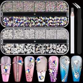 Flat Back Multi-shaped And Round Glass Nail Art Rhinestones Set 1, Crystal AB And Clear Gem Bead Jewels Kit With Picker Pencil And Tweezer For Professional And Home DIY Use