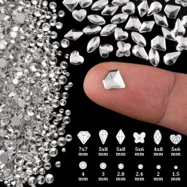 Flat Back Multi-shaped And Round Glass Nail Art Rhinestones Set 1, Crystal AB And Clear Gem Bead Jewels Kit With Picker Pencil And Tweezer For Professional And Home DIY Use