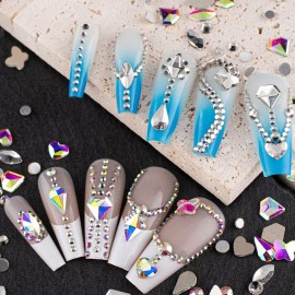 Flat Back Multi-shaped And Round Glass Nail Art Rhinestones Set 1, Crystal AB And Clear Gem Bead Jewels Kit With Picker Pencil And Tweezer For Professional And Home DIY Use