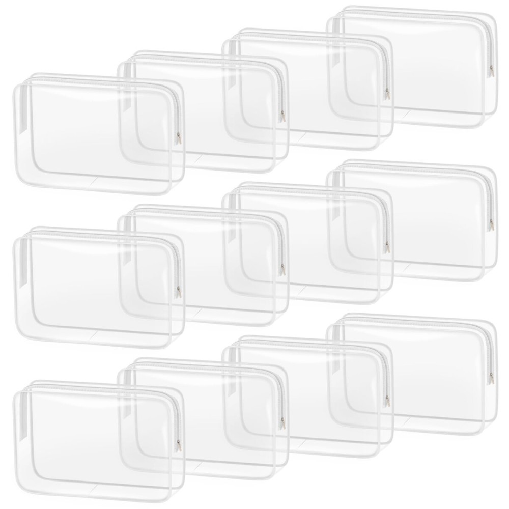 TISRATOK 12 PCS Clear Makeup Bag for Women with Zipper, TSA Approved Toiletry Pouch, Cosmetic Bag Bulk for Travel Organizer Essentials - White,Large