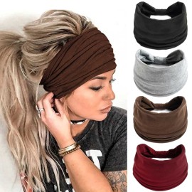 Acenail Wide Headbands Women Knotted Turban Headband Elastic Non Slip Hairbands Workout Yoga Sweatbands Cotton Hair Scarfs Boho Head Wraps Fashion Hair Accessories for Women 4Pcs (Solid)