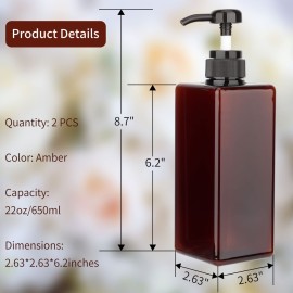 Pump Bottle Dispenser 22oz/650ml Jansburg 2Pack Refillable Square Plastic Lotion Dispenser Empty Lotion Pump Bottle for Essential Oil Lotion, Shampoo, Bathroom Travel Amber