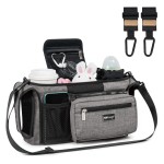 TOPDesign Universal Baby Stroller Organizer, Stroller Caddy with Heightened Insulated Cup Holders & Non-Slip Secure Hooks Accessories, Fits Most Strollers, Machine Washable (Grey)