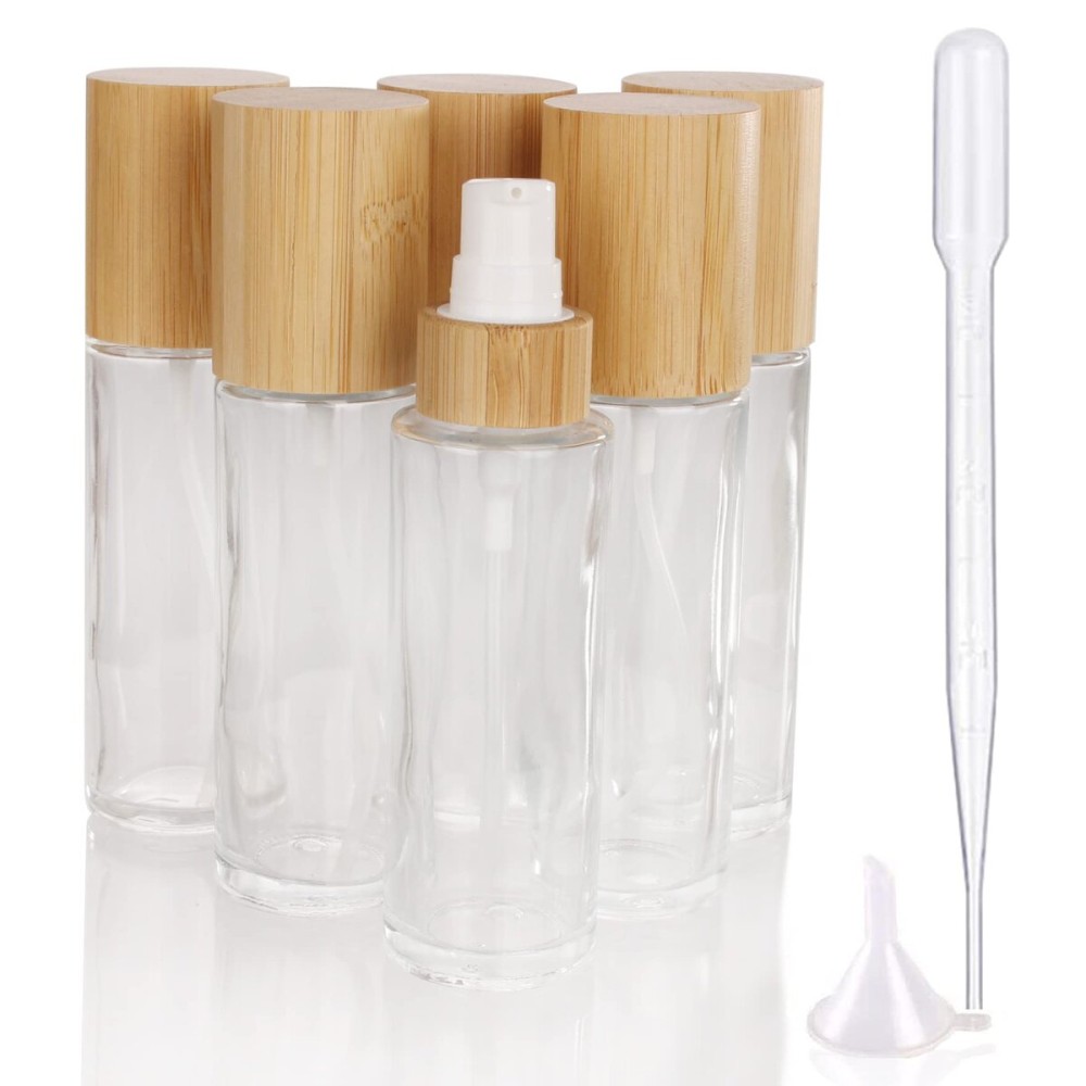 COSIDEA 6 pcs Empty 2oz / 60ml bamboo lids clear glass bottle with lotion pump dispenser, refillable emulsion cosmetic cream bottles, toiletries refill travel container