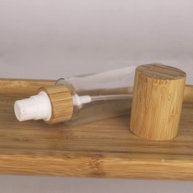 COSIDEA 6 pcs Empty 2oz / 60ml bamboo lids clear glass bottle with lotion pump dispenser, refillable emulsion cosmetic cream bottles, toiletries refill travel container