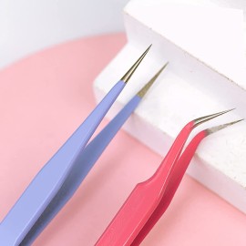 MAXLEAF 2PCS Stainless Tweezers Straight Curved Tweezers for Stickers Eyelash Extensions Precision Electronics Nail Rhinestone Jewelry, Scrapbooking Tools (Pink)