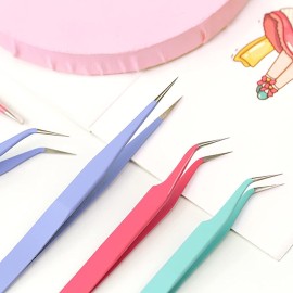 MAXLEAF 2PCS Stainless Tweezers Straight Curved Tweezers for Stickers Eyelash Extensions Precision Electronics Nail Rhinestone Jewelry, Scrapbooking Tools (Pink)