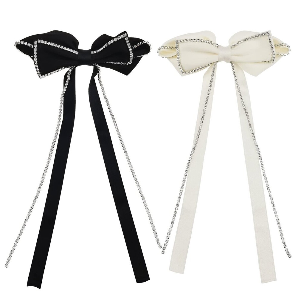 2 PACK Hair Bows Sparkly Rhinestone Tassel Hair Clips Barrettes Bowknot with Long Brocade Tassel Ribbon Claw Hair Accessories for Women and Girls (Black and White) 2 PACK Hair Bows Sparkly Rhinestone Tassel Hair Clips Barrettes Bowknot with Long Brocade Tassel Ribbon Claw Hair Accessories for Women and Girls (Black and White)