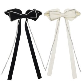 2 PACK Hair Bows Sparkly Rhinestone Tassel Hair Clips Barrettes Bowknot with Long Brocade Tassel Ribbon Claw Hair Accessories for Women and Girls (Black and White) 2 PACK Hair Bows Sparkly Rhinestone Tassel Hair Clips Barrettes Bowknot with Long Brocade Tassel Ribbon Claw Hair Accessories for Women and Girls (Black and White)