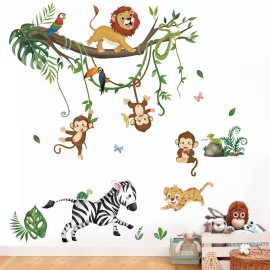 wondever Jungle Animals Wall Stickers Monkey Lion Safari Peel and Stick Wall Art Decals for Kids Bedroom Baby Nursery Living Room