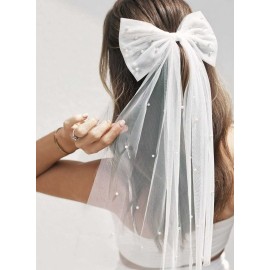 JEAIRTS Bridal Hair Bow Veil Pearl Wedding Hair Piece White Tulle Bow with Clip Bachelorette Party Hair Accessories for Women (Style 2)