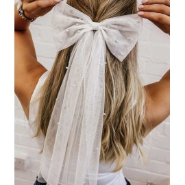 JEAIRTS Bridal Hair Bow Veil Pearl Wedding Hair Piece White Tulle Bow with Clip Bachelorette Party Hair Accessories for Women (Style 2) JEAIRTS Bridal Hair Bow Veil Pearl Wedding Hair Piece White Tulle Bow with Clip Bachelorette Party Hair Accessories for Women (Style 2)