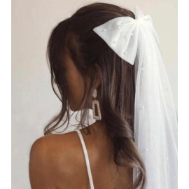 JEAIRTS Bridal Hair Bow Veil Pearl Wedding Hair Piece White Tulle Bow with Clip Bachelorette Party Hair Accessories for Women (Style 2) JEAIRTS Bridal Hair Bow Veil Pearl Wedding Hair Piece White Tulle Bow with Clip Bachelorette Party Hair Accessories for Women (Style 2)