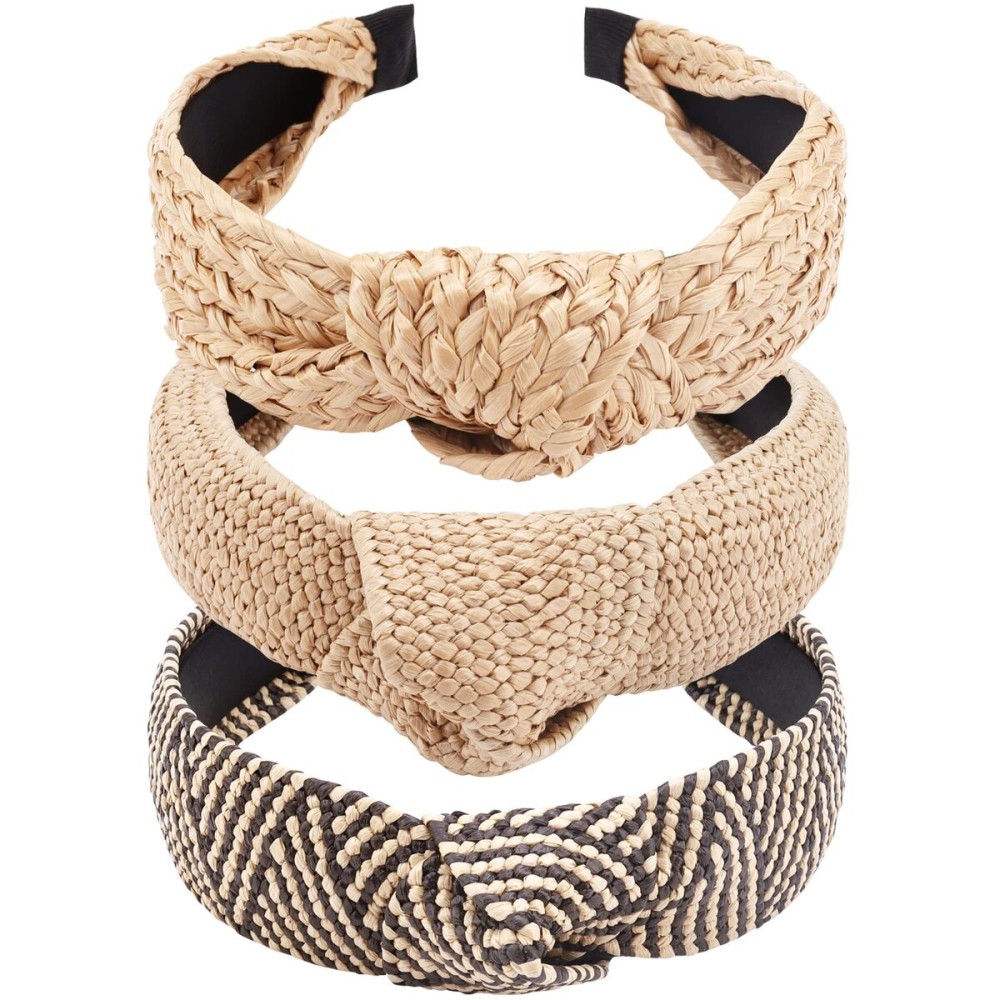 TOBATOBA Straw Headbands - 3pcs Top Knot, Summer Boho Woven No Slip Raffia Rattan