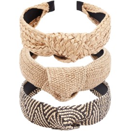 TOBATOBA Straw Headbands - 3pcs Top Knot, Summer Boho Woven No Slip Raffia Rattan